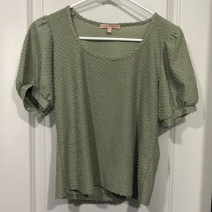 Evolutionary Saige Green Medium Puff Sleeve Crop Top. Textured dots.